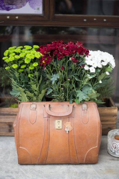 A leather suitcase with three bunches of flowers in it