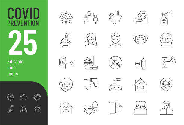 stockillustraties, clipart, cartoons en iconen met covid prevention line editable icons set. - beschermend masker werkkleding
