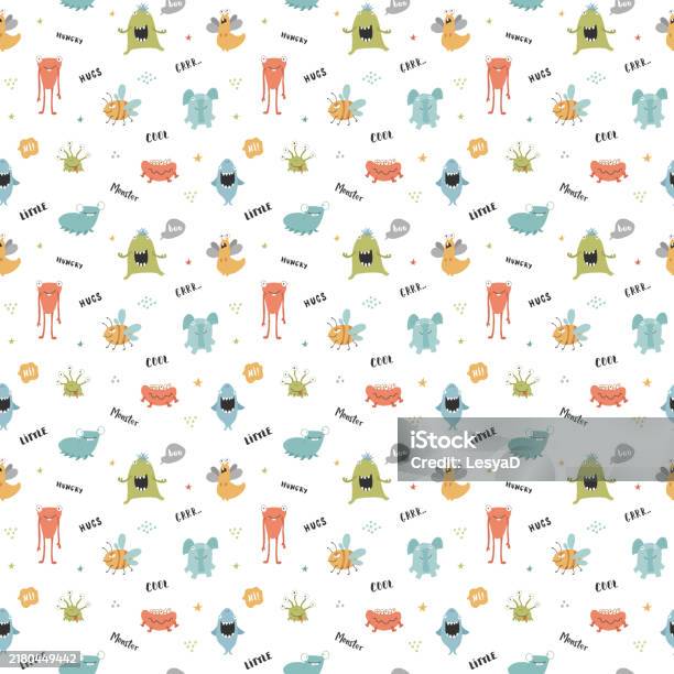 Monster Background Vector Cute Monsters Seamless Pattern Cartoon Monsters Background Vector ...