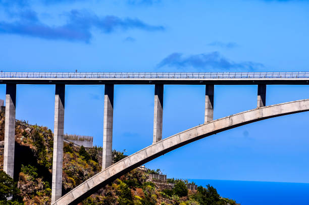 A bridge spans a river with a blue sky in the background. The bridge is made of concrete and has a curved design
