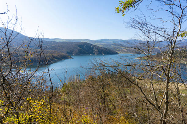 istock Algeti Reservoir. Dark blue water surface with ripples. Low rocky banks. Tree branches and bushes in the foreground. Forest, mountains, blue sky in the background 2180454584