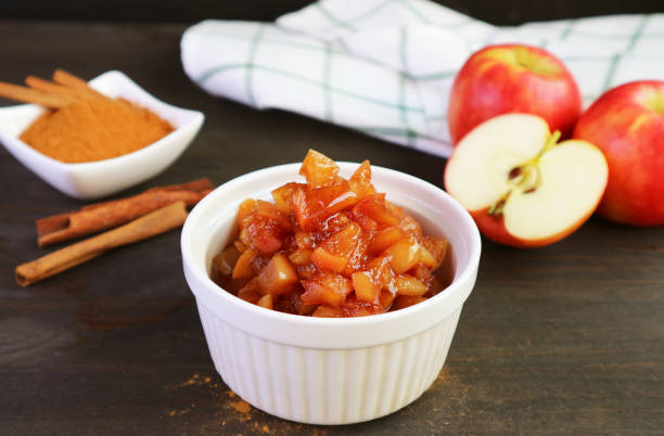Closeup of freshly cooked caramelized homemade apple cinnamon compote