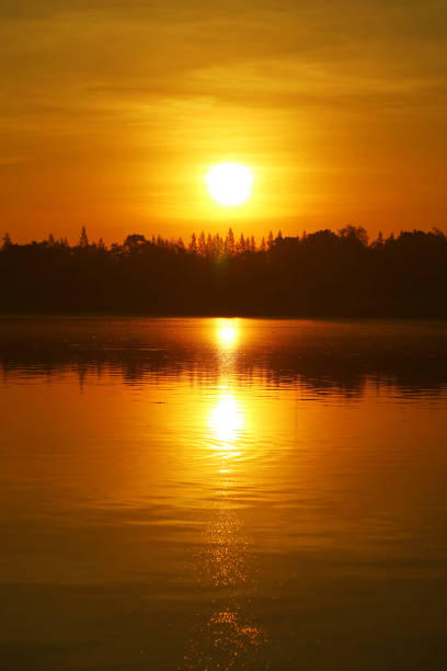 istock Gorgeous Bright Sun Rising on Golden Sky over the Lake 2180456743