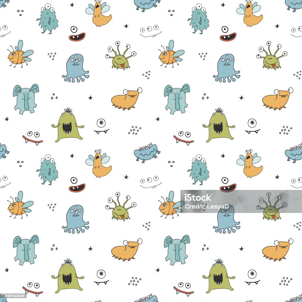 Monster Background Vector Cute Monsters Seamless Pattern Cartoon Monsters Background Vector ...
