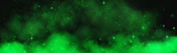 istock Fantastic smoke background. Magic smoke with glitter and small particles of twinkling stars, fog with glowing particles, green vapour with stardust. Vector illustration. 2180464684