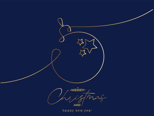 One continuous line drawing of gold Christmas ball. New Year greeting card on blue background
