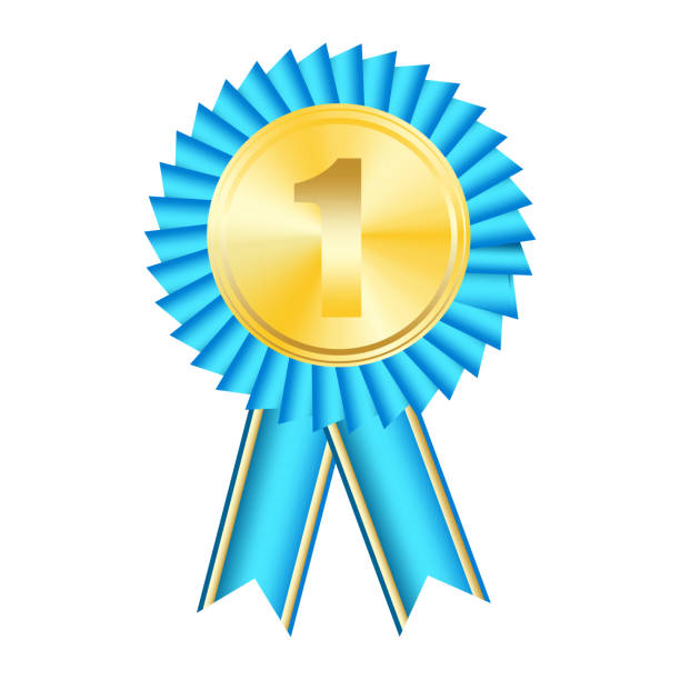 istock Gold rosette icon. Number one badge. Blue ribbon award. Achievement medal. 2180467324