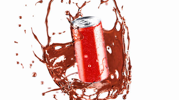 istock Red 280ml soda can water splash mockup, depth of field 2180469519