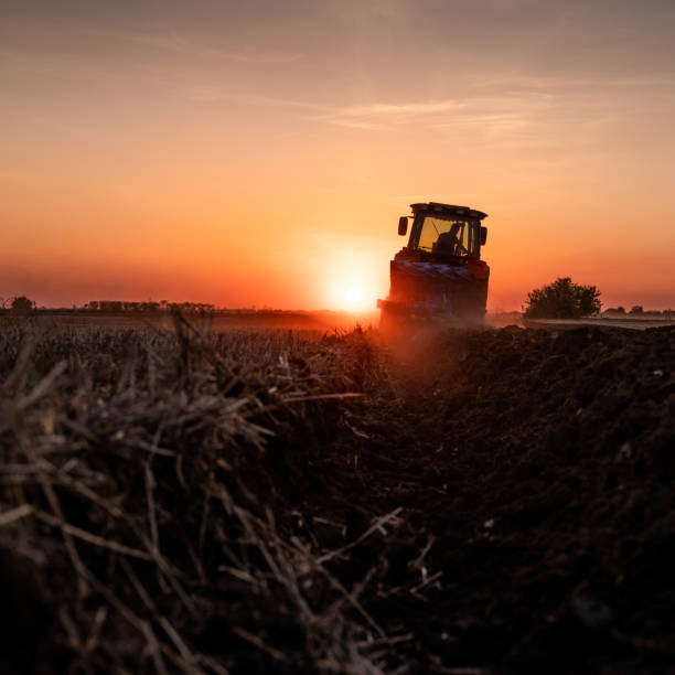 istock Tractor plowing and preparing stubble field for cultivation and planting 2180469654