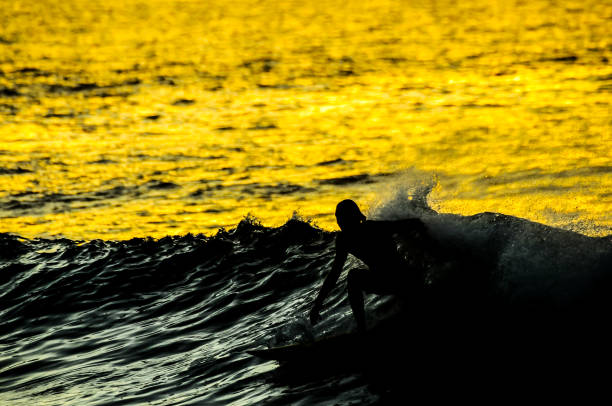 A surfer is riding a wave in the ocean. The water is a deep yellow color, and the sun is setting in the background