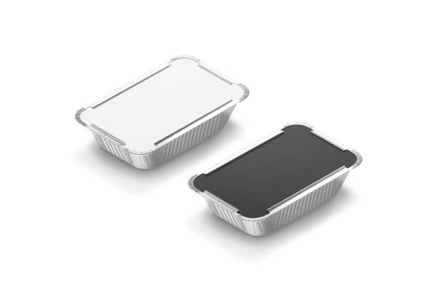 istock Blank black and white aluminium foil container mockup, half-turned view 2180471054