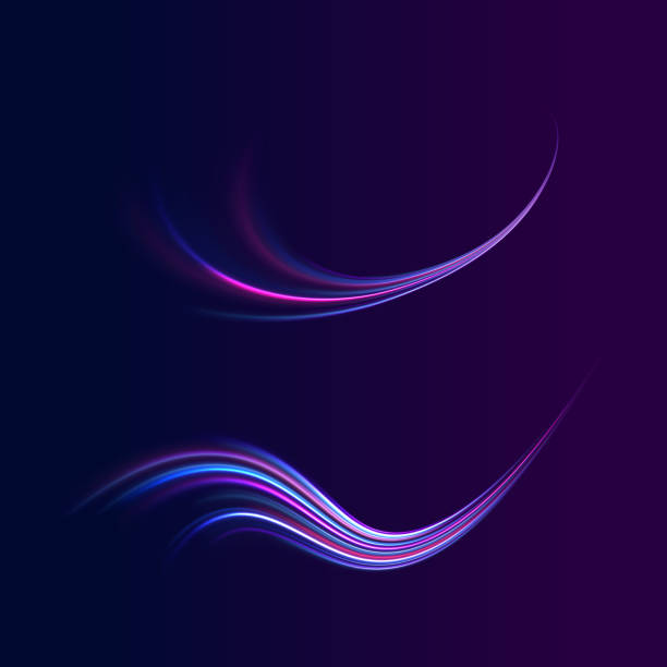 istock Lines in the shape of a comet against a dark background. Illustration of high speed concept. Motion light effect for banners. Fast speed car. Curved light trail stretched upward. 2180476018