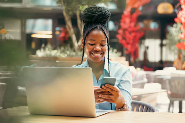 istock Young businesswoman working at a cafe 2180476533