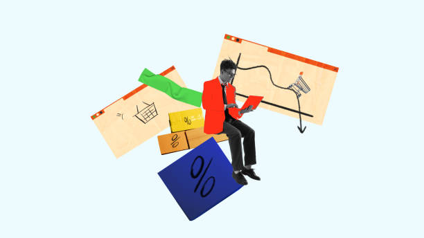 Contemporary art collage. Young man dressed vibrant formal attire, analyzing data with shopping and percentage signs. Discounts.