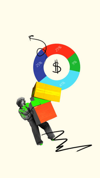 istock Contemporary art collage. Young man, holding boxes below pie chart showing financial distribution. Retail management. 2180478512