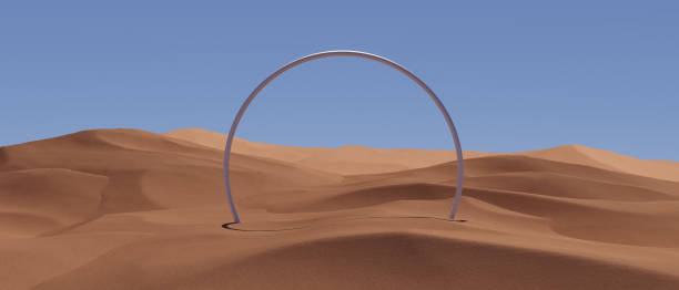 istock 3d render illustration A large, curved structure is in the middle of a desert 2180479949