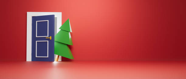 istock 3d render illustration A blue door is open to reveal a Christmas tree 2180481215