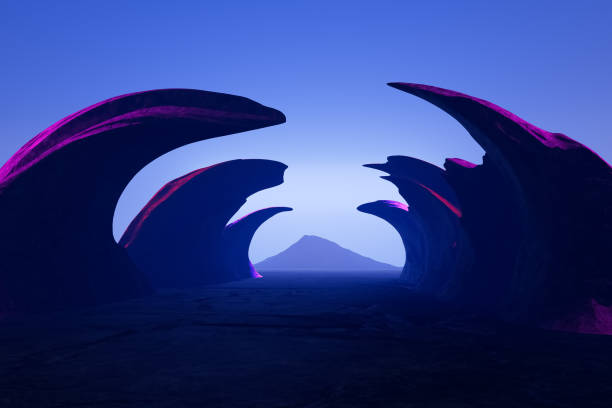 3d render illustration A mountain range with purple rocks and a blue sky.