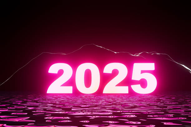 istock 3d render A mountain range is lit up in pink and the number 2025 is written in white 2180481324
