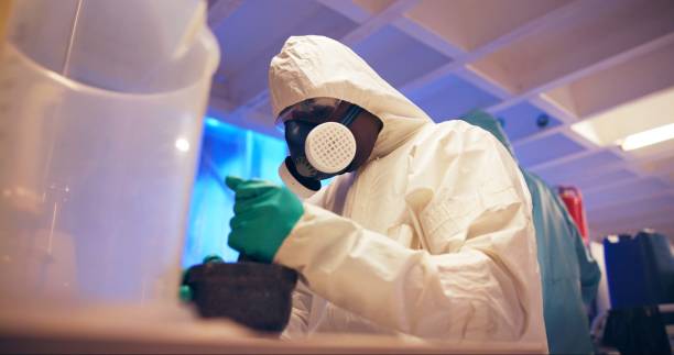 Chemical, forensic scientist and process of science, experiment and liquid for biology, pharmaceutical and lab. Person, fluid and solution for quality control, healthcare and substance for study