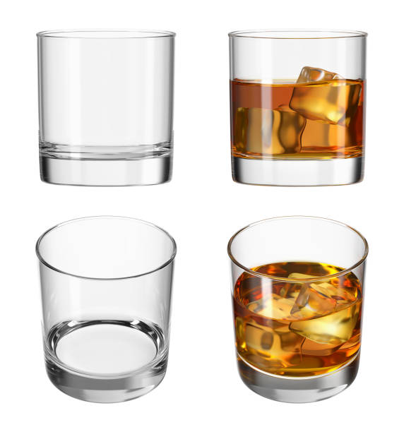 Cognac on white isolated background. Set of empty glasses and with drink in different angles. 3d rendering. stock photo