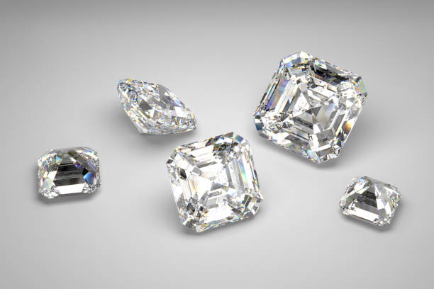 istock Scattering of diamonds of different sizes on the white background. Emerald cut. 3d rendering. 2180502382
