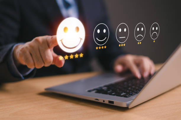istock Questionnaire business experience feedback service. Customer satisfaction survey concept. Client use computer review happy face 5-star satisfaction rating online application. Evaluate product quality 2180506503