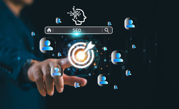 SEO Search Engine Optimization concept. Businessman use AI target icon, SEO website to rank search engines or SEO. Search with Ai assistant on virtual screen. Artificial Intelligence data technology