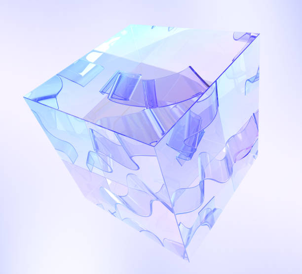 istock 3d crystal glass transparent cube with clear ribbon wave line inside render. Chromatic rainbow geometric block, glossy square box with holographic gradient texture, dispersion light 2180507811