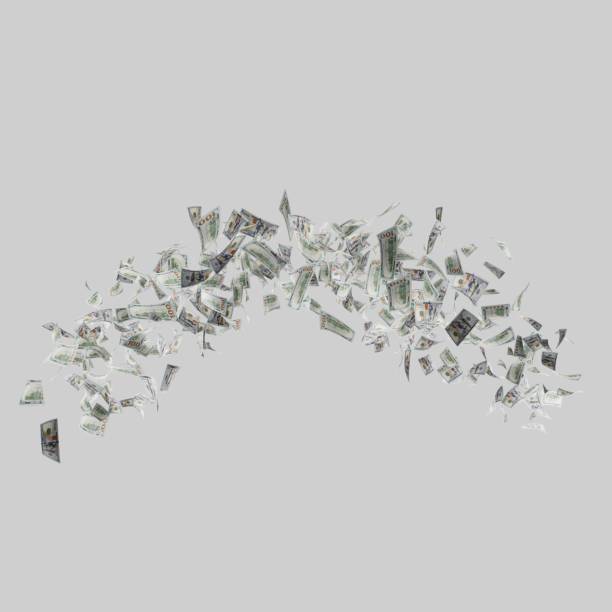 Scattered dollar bills arching in the air on a light gray background, symbolizing financial flow, wealth, income, or cash movement. Perfect for finance, investment, or money-related themes. 3D Render billetes de dólar dispersos arqueados en el aire sobre un fondo gris claro, que simbolizan el flujo financiero, la riqueza, los ingresos o el movimiento de efectivo. perfecto para temas relacionados con las finanzas, la inversión o el dinero.