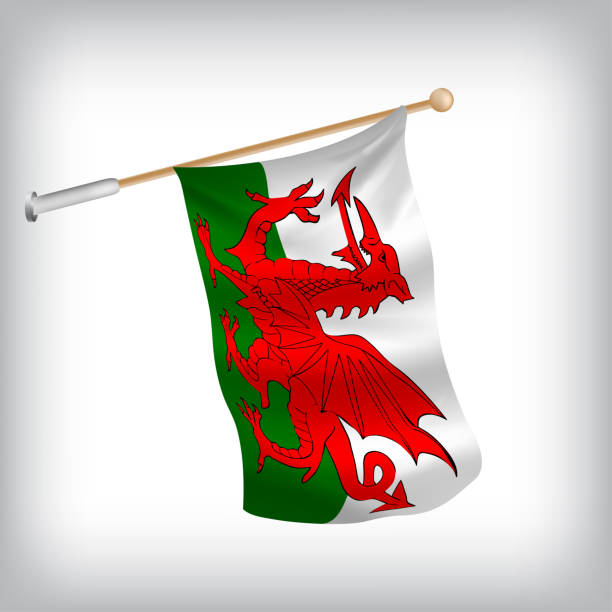 istock Realistic illustration of Wales flags waving on the wall. 2180518501