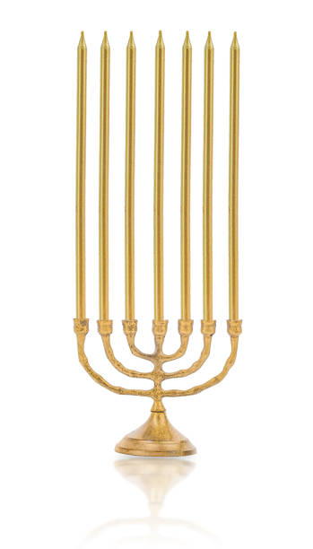 Golden menorah with candles isolated on white background