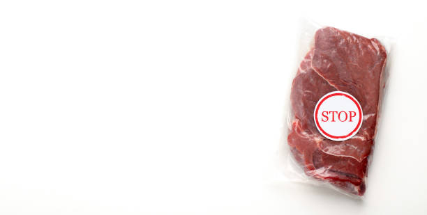 istock Fresh meat in package with a stop label 2180533760