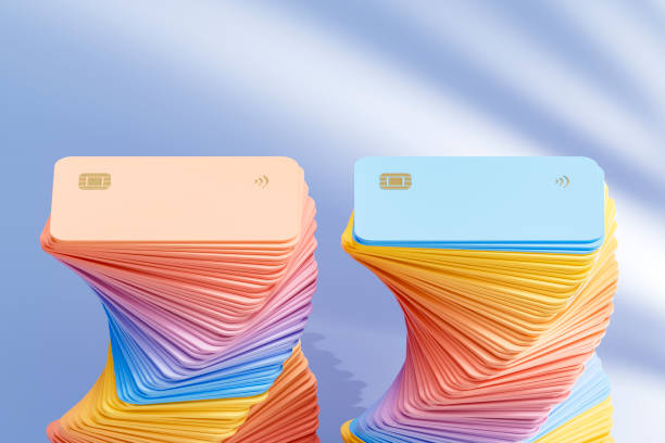 Credit cards multi colored, digital finance, fintech concept. Digitally generated image. 3d render.