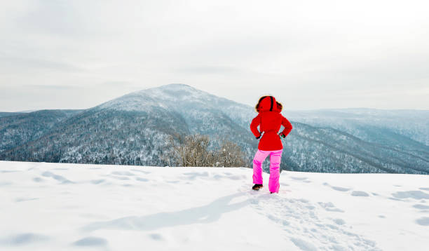 istock Woman hiker on mountain top in winter 2180535933