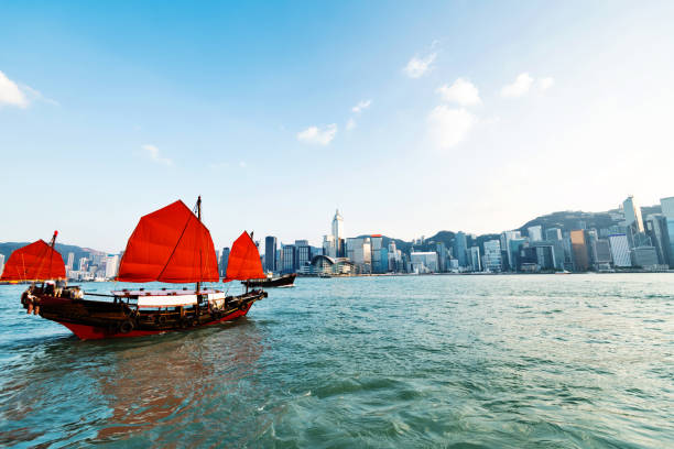 Junk boat crossing Hong Kong harbor.