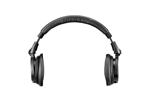 Front view of black studio headphones isolated on white.
