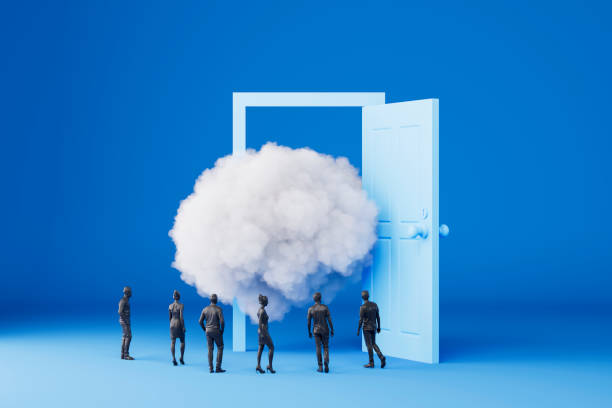 istock Cloud from open door and business people around, minimalist conceptual background, decisions, choices concept 2180542811