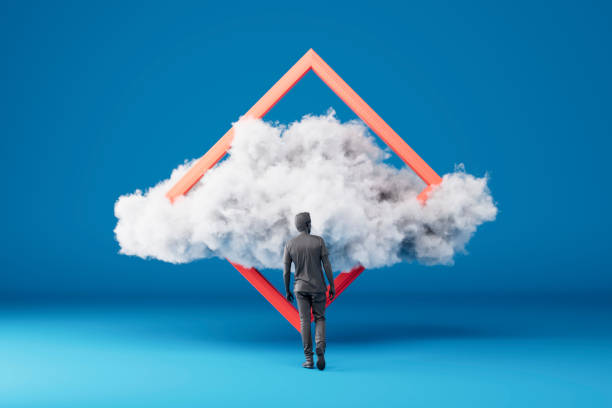istock Businessman walking to the cloud inside frame, minimalist surreal background 2180545828