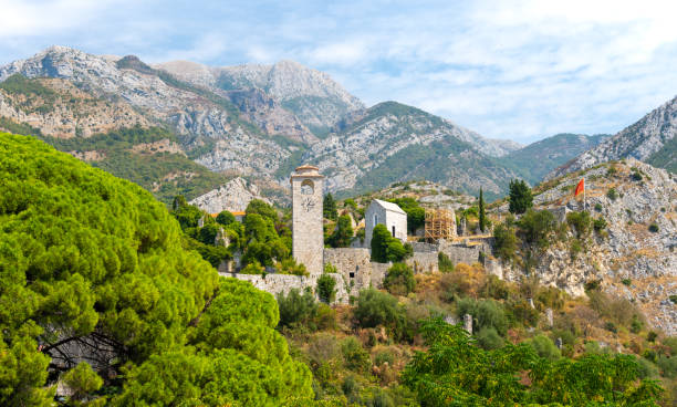 istock view on old fortress with clock tower in Stari Bar in Montenegro 2180546639