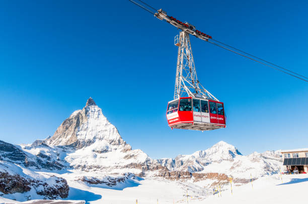 A large cable car at Zermatt taking skiers and tourists up the mountain.