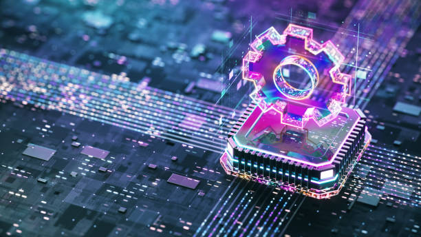 istock Digital gears on futuristic CPU and Motherboard background. Productivity evolution. Futuristic gears and data transfer. 2180548657