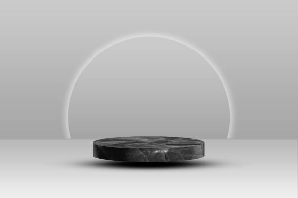 istock Black marble round podium for product. 3d pedestal in stone pattern vector illustration. Geometric stage isolated on white background. Realistic place for advertising or decoration. 2180550140