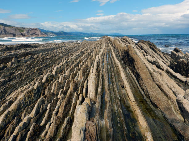 istock Sharp rock formations rise from the sea, showcasing layered, dramatic geological structures Flych Zumaia 2180558078