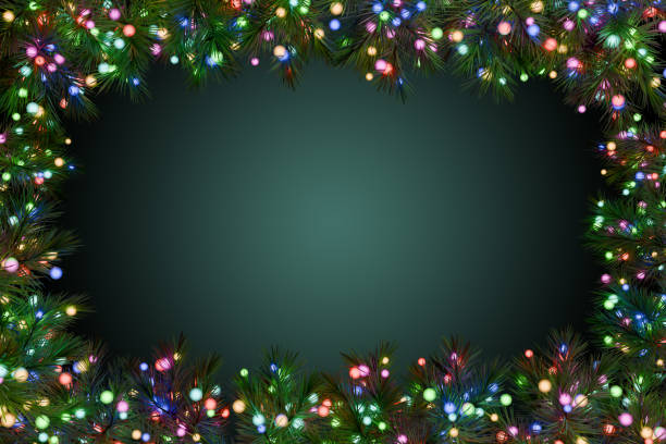 istock Frame Christmas decorations with colorful lights and spruce branches. 3d rendering 2180559516