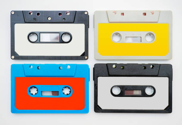 istock Retro audio cassette with blank tape collection, studio sound records poster. 2180561716