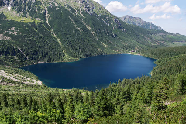 istock A stunning alpine lake surrounded by lush green forests and towering mountains. The deep blue water of the lake. 2180576103