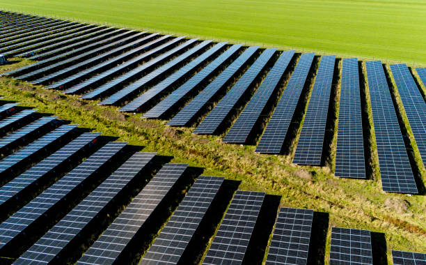 istock Aerial view of an outdoor solar panel site 2180578488
