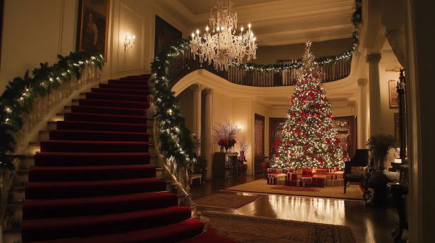 The foyer of an upscale home decorated for the holidays