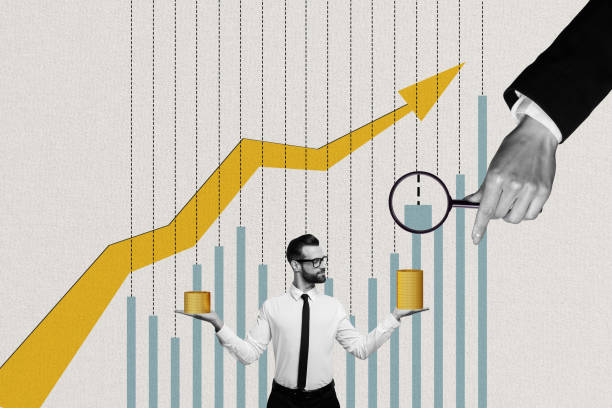 istock Creative collage picture young man entrepreneur choice left right hand magnifying loop glass stocks rise growth improvement trader finance 2180588279